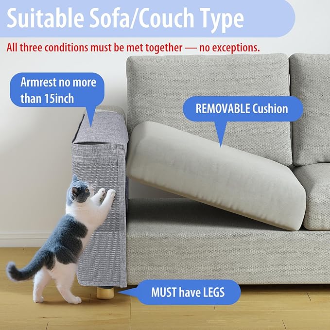 Cat Scratch Couch Protector with Sisal Mat,Couch Protector from Cat Claws,Sofa Scratcher Furniture Protector,Fits Left & Right Arms | No Need to Choose a Side(Light Grey)