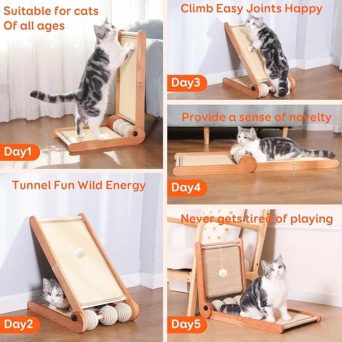 3 Transformable Shapes Cat Scratching Post - Adjustable L-Shape Sisal Scratcher with Multiple Fresh Fun Play Modes, 100% Natural Solid Beechwood& Sisal, Eco-Friendly Furniture Protector