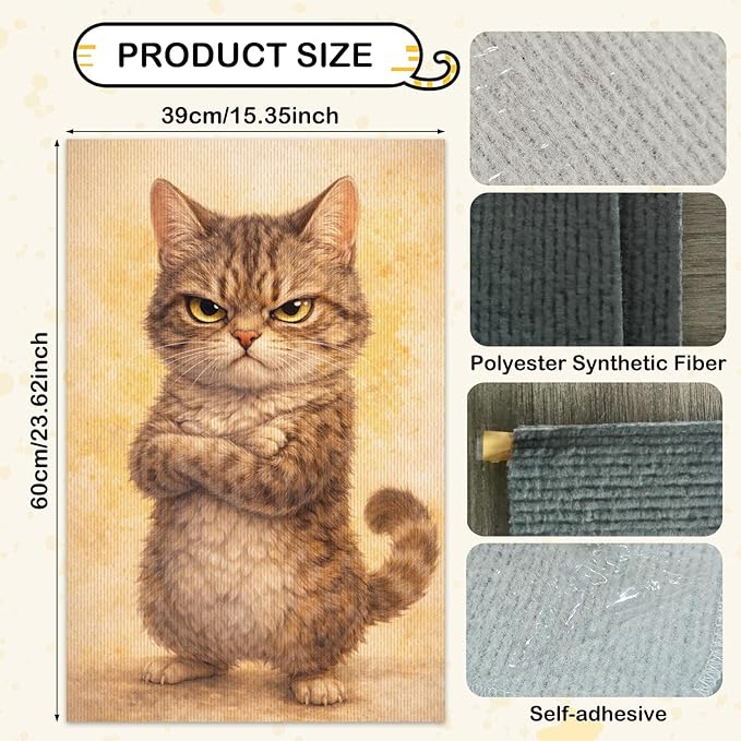 Nuxovilar Cat Scratch Pad 15.3x23.6 Inches Polyester Synthetic Fiber, Grumpy Tabby Cat Print, wall Scratcher, Scratching mat, Home Decor, Living Room, Game Room (2pcs)