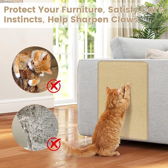 PETSITE Cat Scratcher Mat, Natural Sisal Scratching Mats, Horizontal Cat Floor Scratching Pad Rug with Adhesive Hook Loop Tapes (12, 23.62 x 15.75 in)