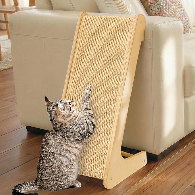 PETKARAY L Shape Cat Scratcher, Sisal Kitty Scratching Ramp, Vertical Scratch Pad for Indoor Cats, 25.2" Furniture Protector with Catnip, Classic