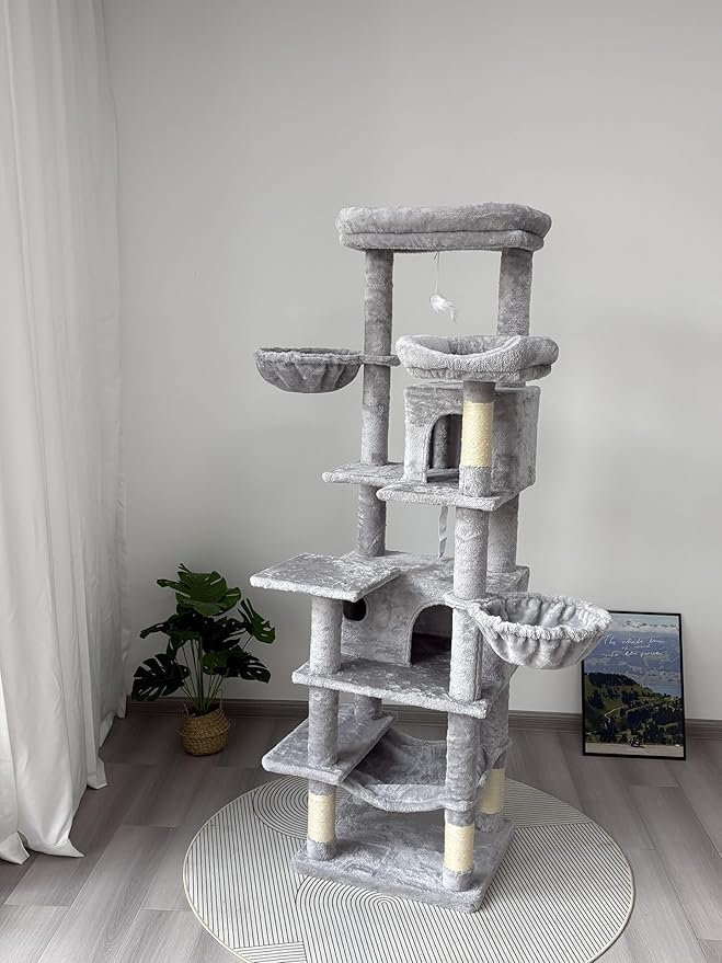 68 Inch Multi-Level Large Cat Tree - Sisal Scratching Posts & Removable Cushions, Cozy Hammock and Comfortable Hideaway, Tall Cat Tower for Indoor Cats (Light Gray + MDF)