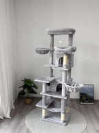 68-Inch Cat Tree Tower for Indoor, Multi-Level Furniture with 2 Hammocks, Cave & Scratching Posts, Plush Condo for Large Cats & Multi-Cat Households (Light Gray-A)