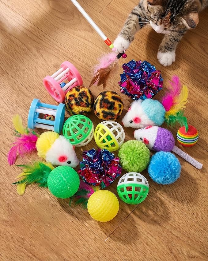 Cat Tunnel Bed with 20 Pcs Interactive Toys, 3-in-1 DIY Collapsible Plush Cat Tube with Washable Mat, Large Indoor Play Tunnel Cave for Kittens and Small Animals