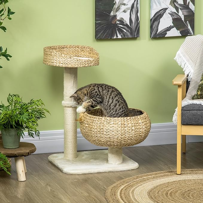 Modern 28” Cat Tree with Elevated Basket Bed & Sisal Scratching Post – Small Cat Condo for Indoor Cats Under 10 lbs, Plush Multi-Level Cat Tower, Beige