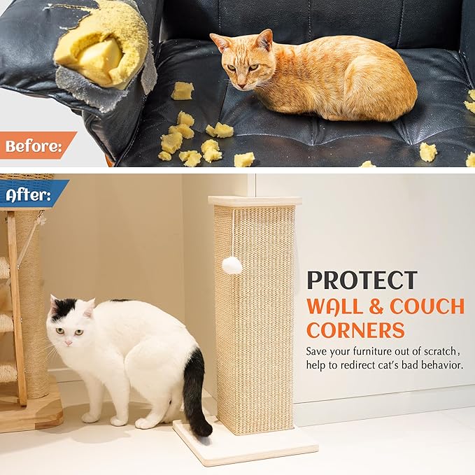 PETKARAY Couch Corner Cat Scratcher, 22'' Corner Scratching Post Cat Wall Scratcher, Sisal Scratch Pad for Sofa, Wall Furniture Protector with Toy Ball
