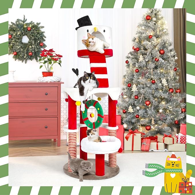 KAMABOKO Christmas Cat Tree Cat Tower with Cat Condos, 64.2" Multi-Level Top Perches, Sisal Ramp Scratching Posts, Cozy Basket, Hammocks, Large Cats Pet Activity Structure