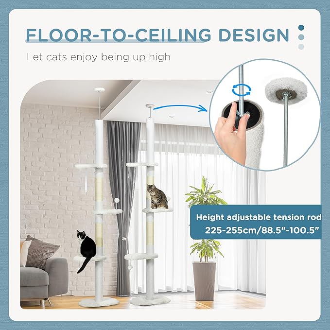 Floor to Ceiling Cat Tree, Adjustable 88.5”–100.5” Tall Cat Tower for Indoor Cats, Space-Saving Vertical Cat Furniture with Scratching Posts & Perches, Stable Tension Rod Design, White