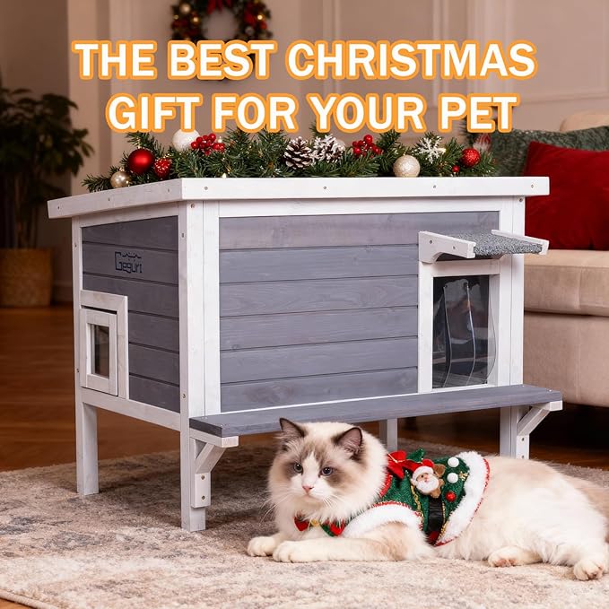 GEGURI Insulated Cat House Outdoor Weatherproof, Large Wooden Feral Cat Shelter for Winter, Wooden Enclosure with Escape Door for Winter Indoor