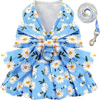 BAEJMJK Dog Dress Bowknot Harness Leash Set for Small Dogs Cats Daisy Floral Girl Dog Dresses Cute Puppy Princess Clothes Pet Doggy Outfits Spring Summer Breathable Dresses(Blue,X-Small)