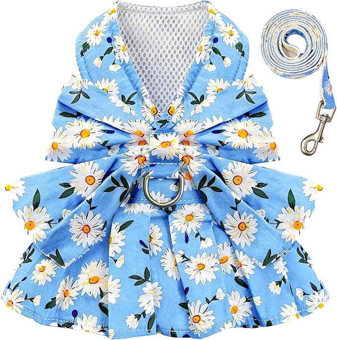 BAEJMJK Dog Dress Bowknot Harness Leash Set for Small Dogs Cats Daisy Floral Girl Dog Dresses Cute Puppy Princess Clothes Pet Doggy Outfits Spring Summer Breathable Dresses(Blue,X-Small)