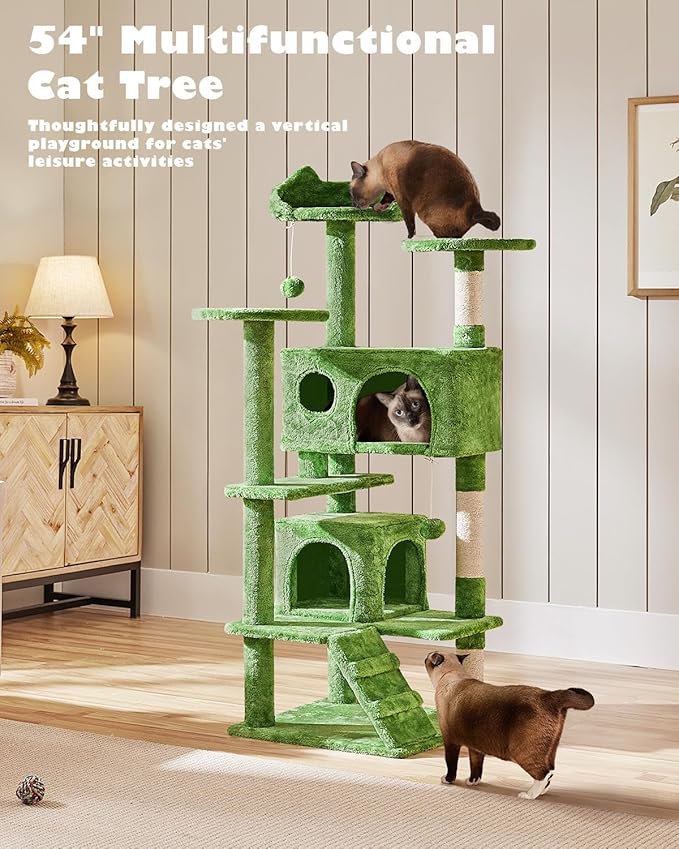 Yaheetech 54in Cat Tree, Cat Tower with Large Condo Sisal Scratching Posts and Dangling Balls, Pet Furniture for Kitten, Green