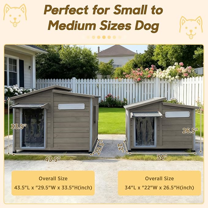 Outdoor Wooden Dog House for Small Dogs, Weatherproof Winter Dog Kennel with Openable Roof & Window, Chew-Resistant Frame, Cozy Indoor Shelter (Grey, 34" D x 22" W x 26.5" H)