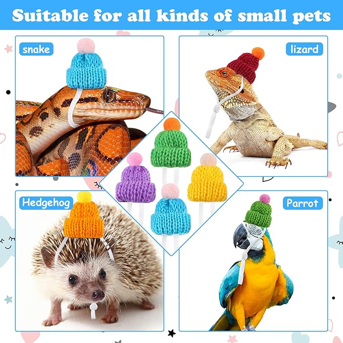 20 Pcs Mini Pet Snake Hat with Adjustable Elastic Chin Strap, Small Reptile Animal Hamster Knitted Hat for Pets Snake Ball Python Lizard Guinea Pig Chameleon Iguanas Accessories Decoration