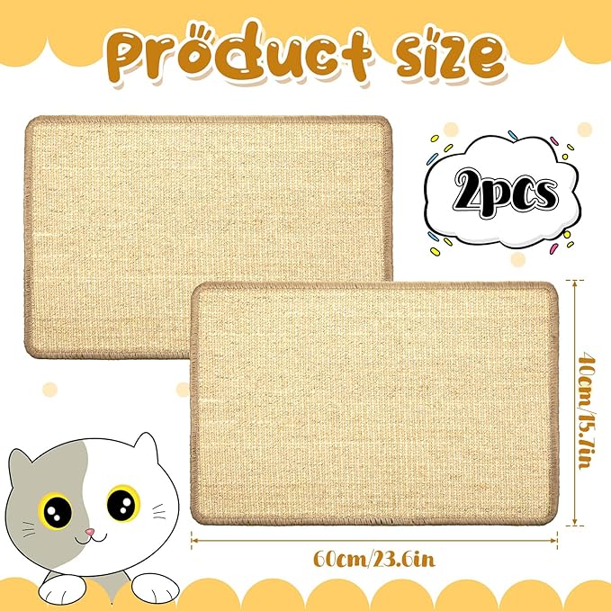 2 Pack 23.6 X 15.7 Inch Cat Scratch Mat, Natural Sisal Cat Bunny Rabbit Scratching Pad with Jute Border, Durable Scratch Rug, Natural Fabric Horizontal Cats Pad for Furniture Sofa and Wall(Beige)