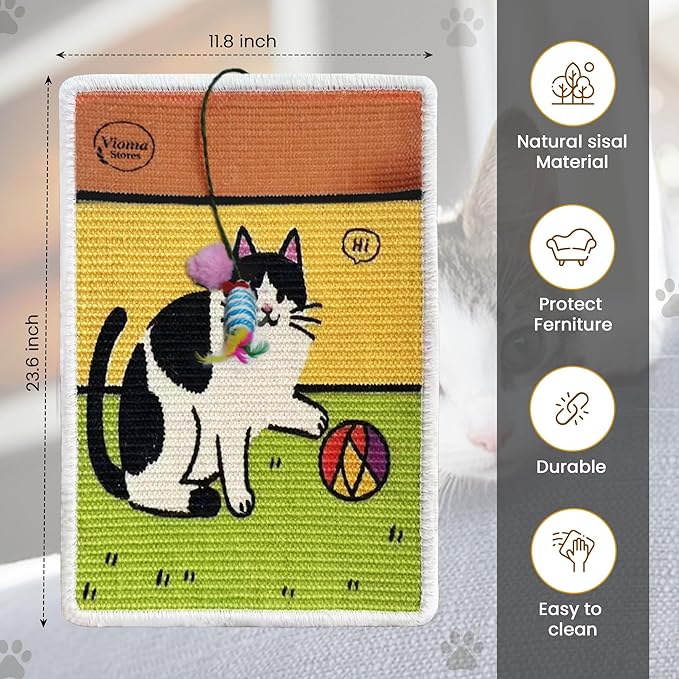Sisal Cat Scratcher Mat [+ Sisal Mouse Toy] – Wall & Couch Protector, Carpet & Floor Scratching Pad, Durable Non-Toxic & Shedding-Resistant (Playful Paws)