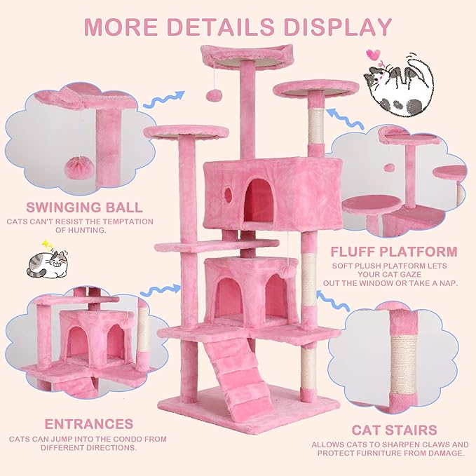 54 Inch Tall Cat Tree Tower - Multi-Level Cat Condo with Scratching Post, Toys & Rest Area, Pink