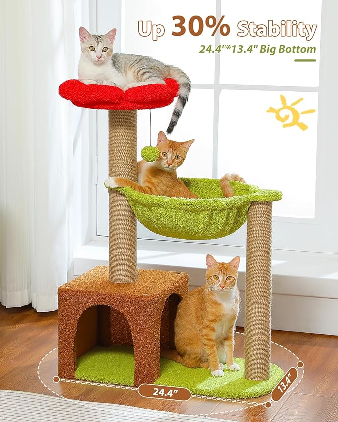 Flower Cat Tree with Sisal Scratching Posts, 35" Cute Cat Tower with Large Green Hammock for Small Indoor Cats, Cactus Cat Litter Scoop with 2 Replaceable Compostable Scoop- Litter Scoop with