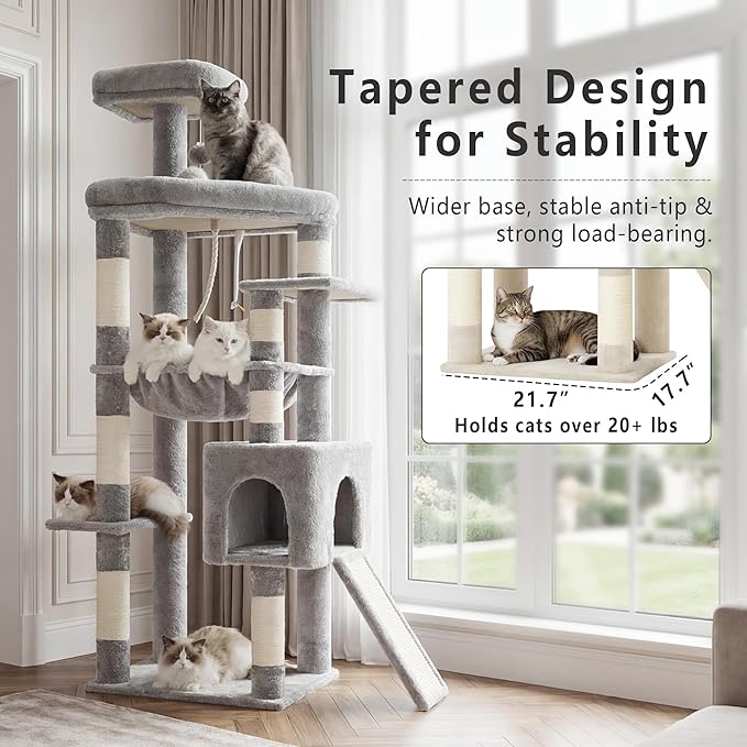 Heybly Heavy Duty Cat Tree, 64.2-Inch Tall Tower for Large Indoor Cats with Widened Structure, Cat Furniture with Big Platforms, Extra-Large Hammock, Sisal Scratching Posts & Board, Light Gray HCT027W