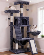Heybly Cat Tree, Cat Tower for Indoor Cats, Multi-Level Cat Furniture Condo for Cats with Padded Plush Perch, Cozy Basket and Scratching Board, Smoky Gray HCT014G