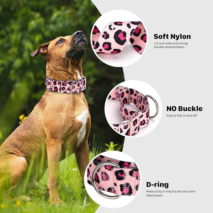 Martingale Collar for Dogs, Heavy Duty Adjustable Soft Nylon Dog Collars with Pink Leopard for Medium & Large XL Dogs (Pink Leopard,XL)