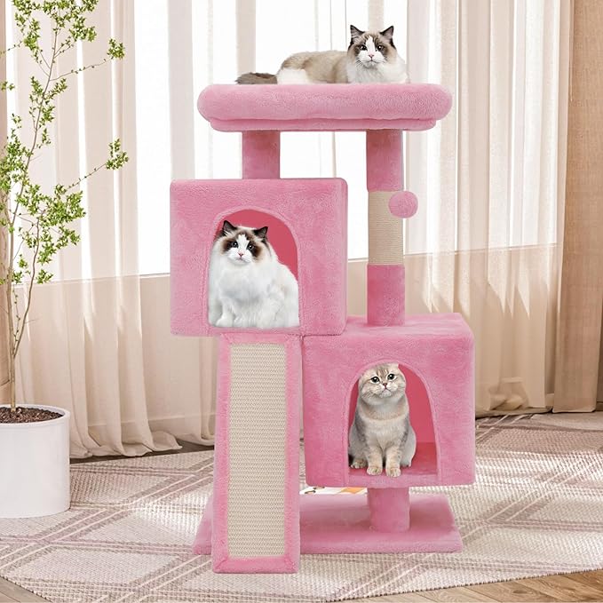 Athena Collection Cat Tree, 34 Inch Cat Tower for Indoor Cats, Multi-Level Cat Tree Tower Activity Center with Cat Scratching Post & Dangling Ball & Cat Condo, Cute Cat Tree, Soft Pink