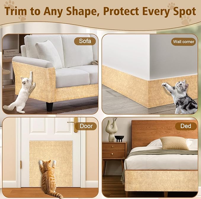 Cat Scratch Furniture Protector – DIY Climb Scratch Mat,Cat Scratch Pad, Couch Protector from Cat Claws, Trimmable Self-Adhesive Carpet for Indoor Sofa, Furniture (Beige, 78.7" x 15.8")