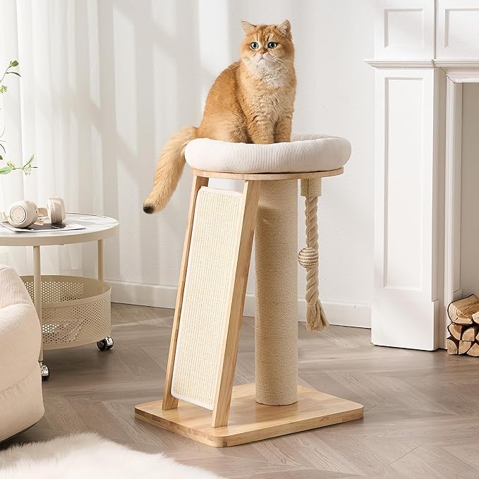 Modern Cat Tree Small Tower with Scratching Post for Indoor, Solid Wood Multifunctional Corner Cat Tree Tower with Bed, Dangling Ball,Interactive Rope, Scratching Board