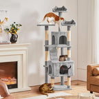 Yaheetech XL Cat Tree, 72in Multi-Level Cat Tower with 2 Cozy Caves, 3 Soft Perches, Scratching Posts, Board, and Dangling Ball, Pet Furniture Play House for Kittens/Cats, Light Gray