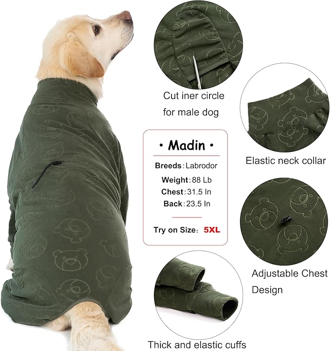 Dog Coats Autumn Winter Jumpsuit for Large Medium Dogs, Warmer Polar Fleece Dog Bodysuit Lightweight Pajamas, Pullover Stretchy Cold Weather Clothes (Dark Green, 6XL)