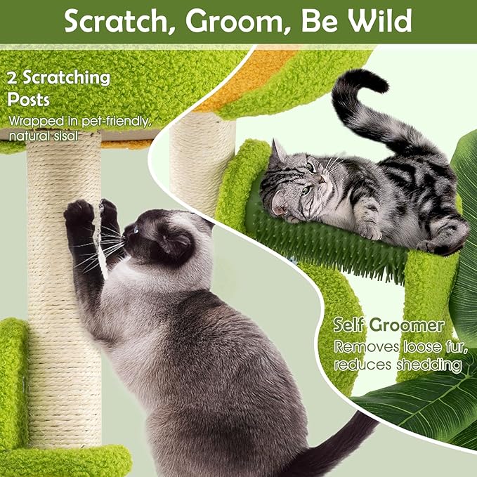 Tangkula Palm Small Cat Tree, Cute Cat Tower with Sisal Scratching Posts, Top Perch, Condo, Self Groomer & Dangling Ball, Unique Cat Tree Tower with Green Leaves for Indoor Cats