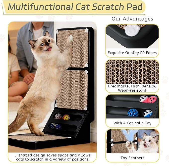 Cat Scratcher Cat Scratch Pad L Shape Wall Mounted Dual Use (Vert/Horiz) Kitten Bunifa Scratching Card Board Vertical Post with Ball Toys Feathers,Protecting Furniture Core is Replaceable Large Black