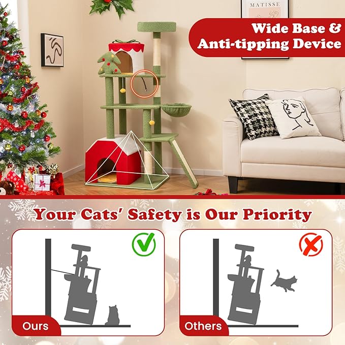 Tangkula Christmas Cat Tree, 61” Tall Cat Tower with Sisal Scratching Posts & Climbing Ladder, Plush Perch, Gift Box Shaped Condo, Hanging Toys, Basket Bed, Cute Cat Tree Tower Holiday Decoration
