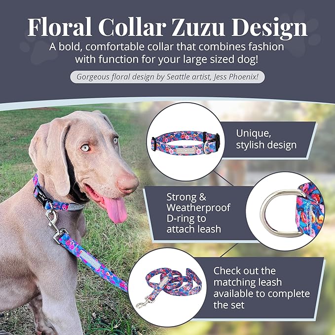 Lucky Love Dog - Adjustable Dog Collar with Easy Click Buckle for Large Dogs, Durable, & Comfortable Collar for Male & Female Dogs, Pet Collar for Puppies & Adult Dogs - Zuzu, Large
