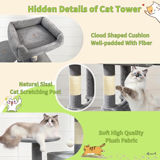 Pawly 46.5" Compact Space Saving Cat Tree for Small Apartment, Premium CARB P2-Compliant Particle Board, 350G Plush Sisal Cat Tower with Condo & Hammock for Indoor Kittens & 1-2 Cats