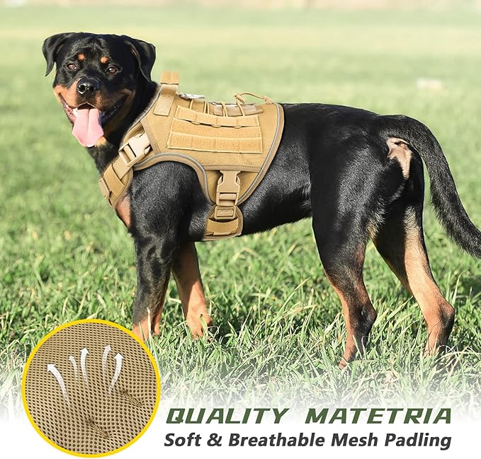 WINGOIN Tactical Dog Harness for Large Dogs, Heavy Duty No Pull Dog Harness with Handle, Adjustable Reflective Military K9 German Shepherd Big Size Dog Vest for Walking, Training, Hunting, Khaki (L)