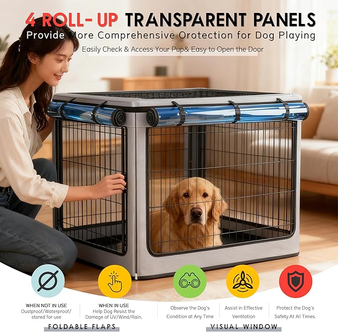 Dog Crate Cover, Heavy Duty Waterproof Abrasion-Resistant and Scratch-Resistant Knife-Scraped Fabric with Breathable Mesh & Detachable Sunshade, Dog Cage Cover Universal Fit for Wire Crates (42-Inch)