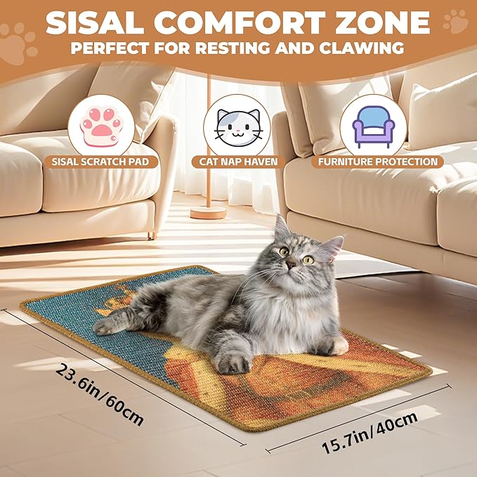 Sisal Cat Scratcher Mat, Cat Wall Scratcher for Indoor Cats, 23.6x15.7 Inch Cat Scratch Pad with Hook & Loop, Wall Mounted Cat Scratching Post to Protect Couch and Carpet（Elegant Cat）