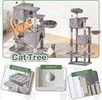 Cat Tree for Indoor Cats, 66 Inches Cat Tower with Scratching Post, Multi-Level Climbing Tree Cat House Padded Plush Perch, Cat Condo Activity Center with Pompoms, Kittens Pet Play House, Light Gray
