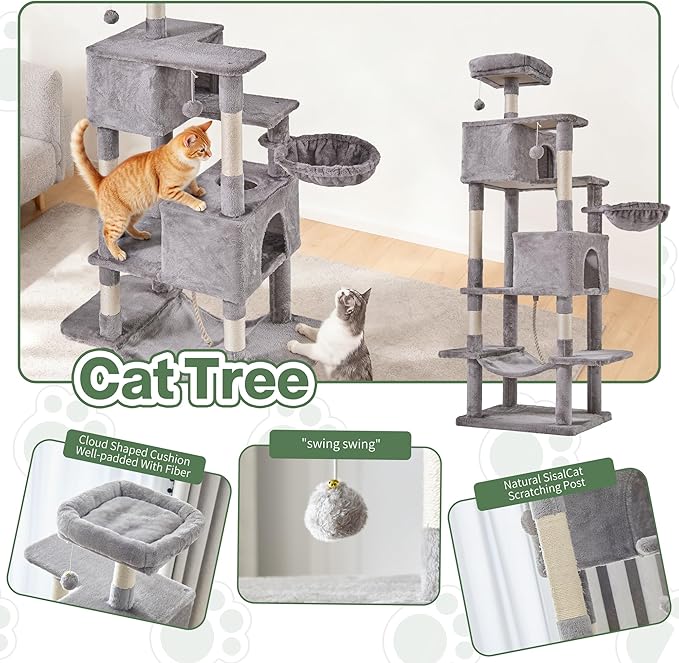 Cat Tree for Indoor Cats, 66 Inches Cat Tower with Scratching Post, Multi-Level Climbing Tree Cat House Padded Plush Perch, Cat Condo Activity Center with Pompoms, Kittens Pet Play House, Light Gray