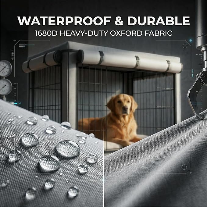 Dog Crate Cover, Heavy Duty 1680D Waterproof Oxford Cloth with Breathable Mesh & Detachable Sunshade, Universal Fit for Wire Crates, All-Weather Indoor Outdoor Use (48-Inch)
