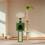 Erinnyees 57" Multi-Level Cat Tower with Hammock, Coconut Cat Tree with Green Leaves, Plush Cat House with Hang Ball Toy and Sisal Scratching Posts Furniture, Green