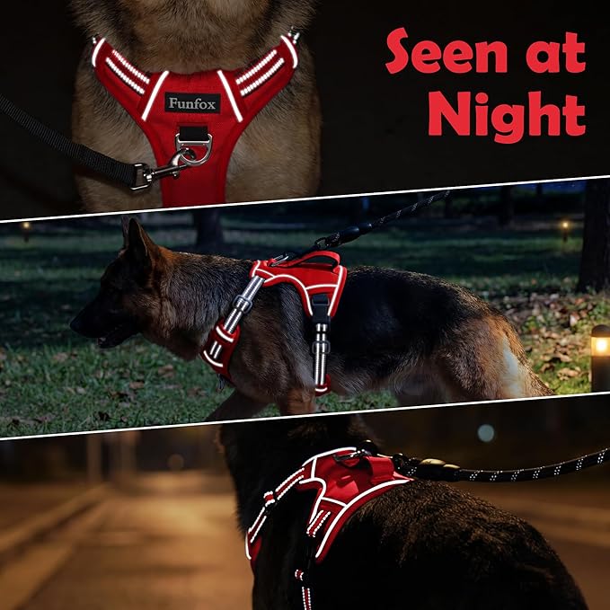 Funfox Dog Harness No Pull, Adjustable Pet Vest Harness, Super Soft Material with Vertical Handle Easy Control, Reflective Night Walking, 2 Leash Clips for Medium Sized Dogs, Red, M
