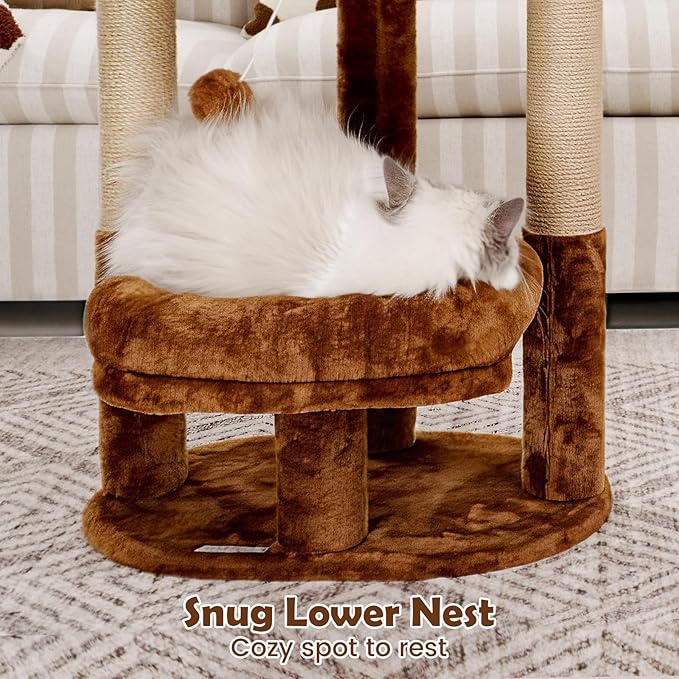 Cat Tree for Indoor Cats, 2-Tier Cat Tower with Padded Donut Beds, Stable Structure, Sisal Scratching Posts & Hanging Ball Toy, Modern Cat Furniture (Mocha Brown)