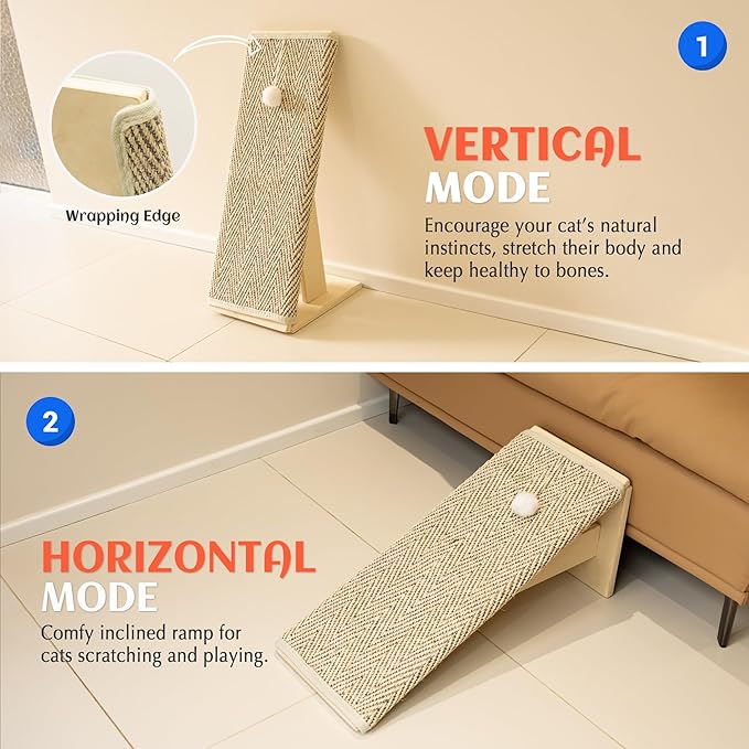 PETKARAY Inclined Cat Scratcher, Sisal Scratching Ramp for Indoor Cats, 24.8'' Cat Scratch Post for Couch, Replaceable Sisal Scratch Pad with Toy Ball, Chevron