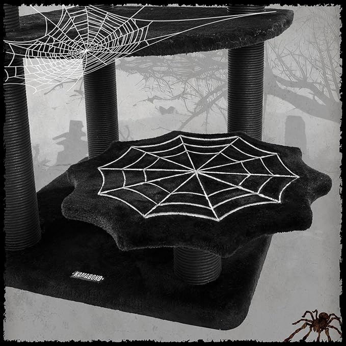 KAMABOKO Gothic Cat Tree, 46.9in Black Cat Tower with Coffin Bed, Cat Condo with Sisal Scratching Posts, Scratching Ramp and Comfort Basket for Indoor Cats