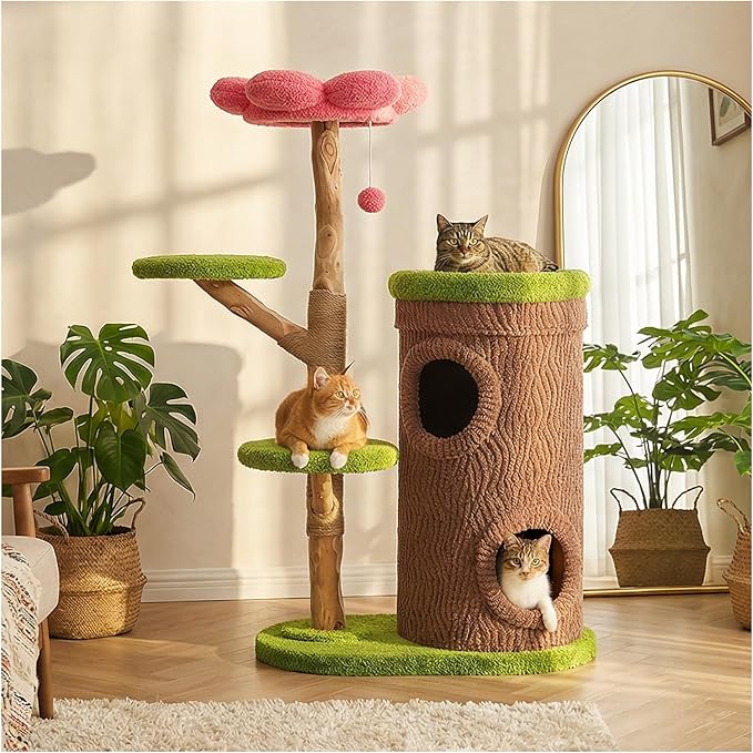 PETEPELA Modern Cat Tree for Indoor Large Cats with Flower Perch, 53.5" Forest Cat Tower with Solid Wood Scratching Posts & 2 Spacious Condos,Heavy Duty Cat Furniture for Multi-Cat Household