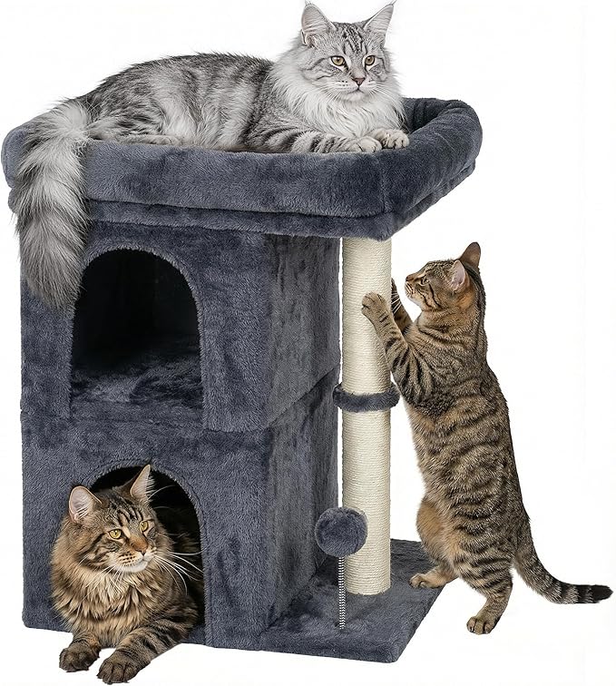 Cat Tree for Large Cat, 19 * 16.5In Large Cat Perch, Adult Cat Tower for Indoor Cats with 24In Long Scratching Post, 2 Cozy Cat Condo House for Adult & Fat Cats, Dark Gray