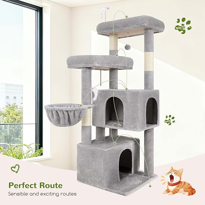 Globlazer Cat Tree Tower with Scratching Post for Indoor Cats, 55inch Tall Plush Multi-Level Cat Climbing Tower Condo House with Hanging Basket, 2 Spacious Cat Cave, F55, Beige (Light Gray)