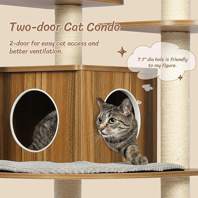 KAMABOKO Solid Wood Cat Tree, 69” Large Tall Cat Tower Multi-Level Platforms with Sisal Scratching Posts, Cat Tree for Large Cats 20 lbs Heavy Duty, Cat Condo Furniture for Active Cats